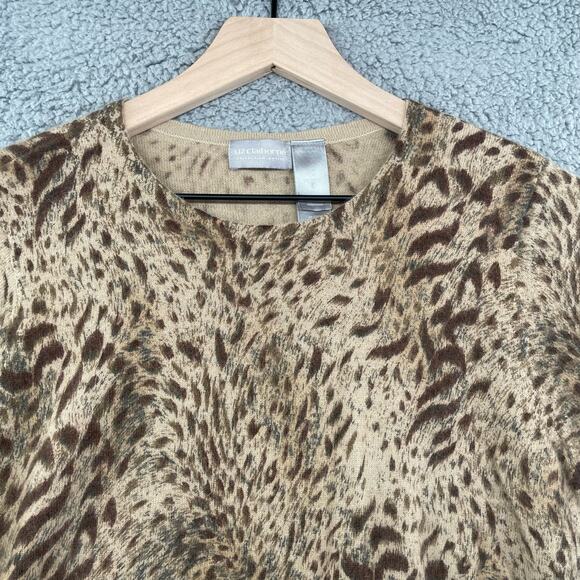 LIZ CLAIBORNE Knit Top Large Petite Animal Print Y2K Western Safari Vtg Sweater - Picture 2 of 8